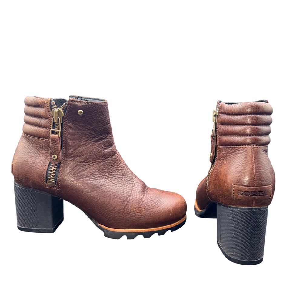 Sorel Addington Chelsea Boots Women 8.5 Brown Leather Block Heel Moto Zip